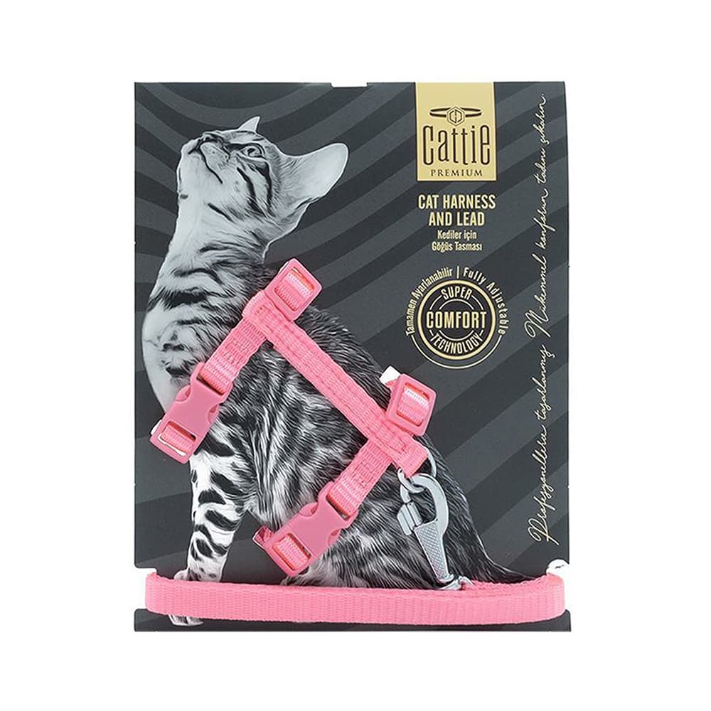 Cattie Dokuma Kedi Gezdirme Göğüs Tasma Takımı Pembe (1 x 25 - 40 cm)