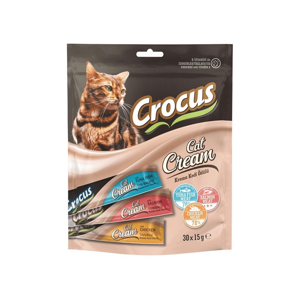 Crocus Tavuk Etli, Ton Balıklı & Somonlu Krema Kedi Ödül Maması (30 x 15 g)