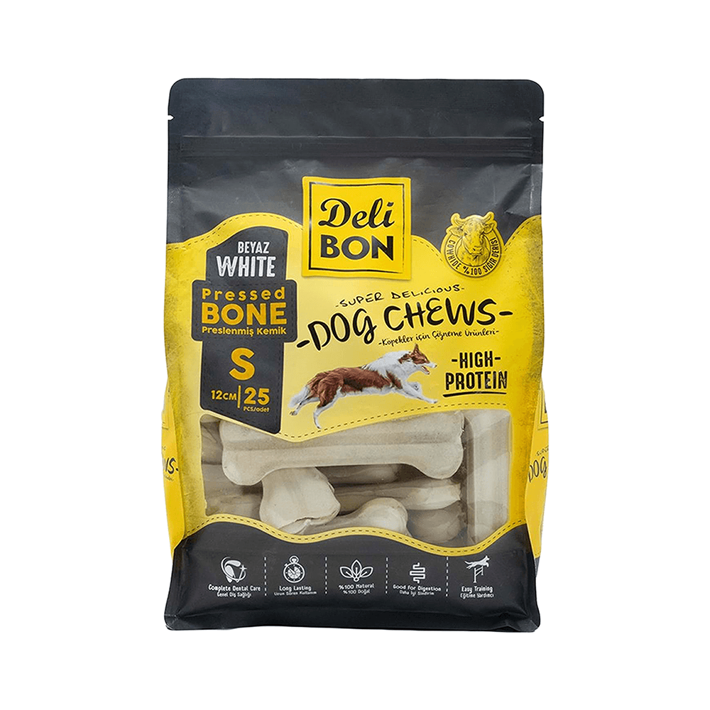 Deli Bon Beyaz Deri Press Kemik Köpek Ödülü 12 cm (25'li)