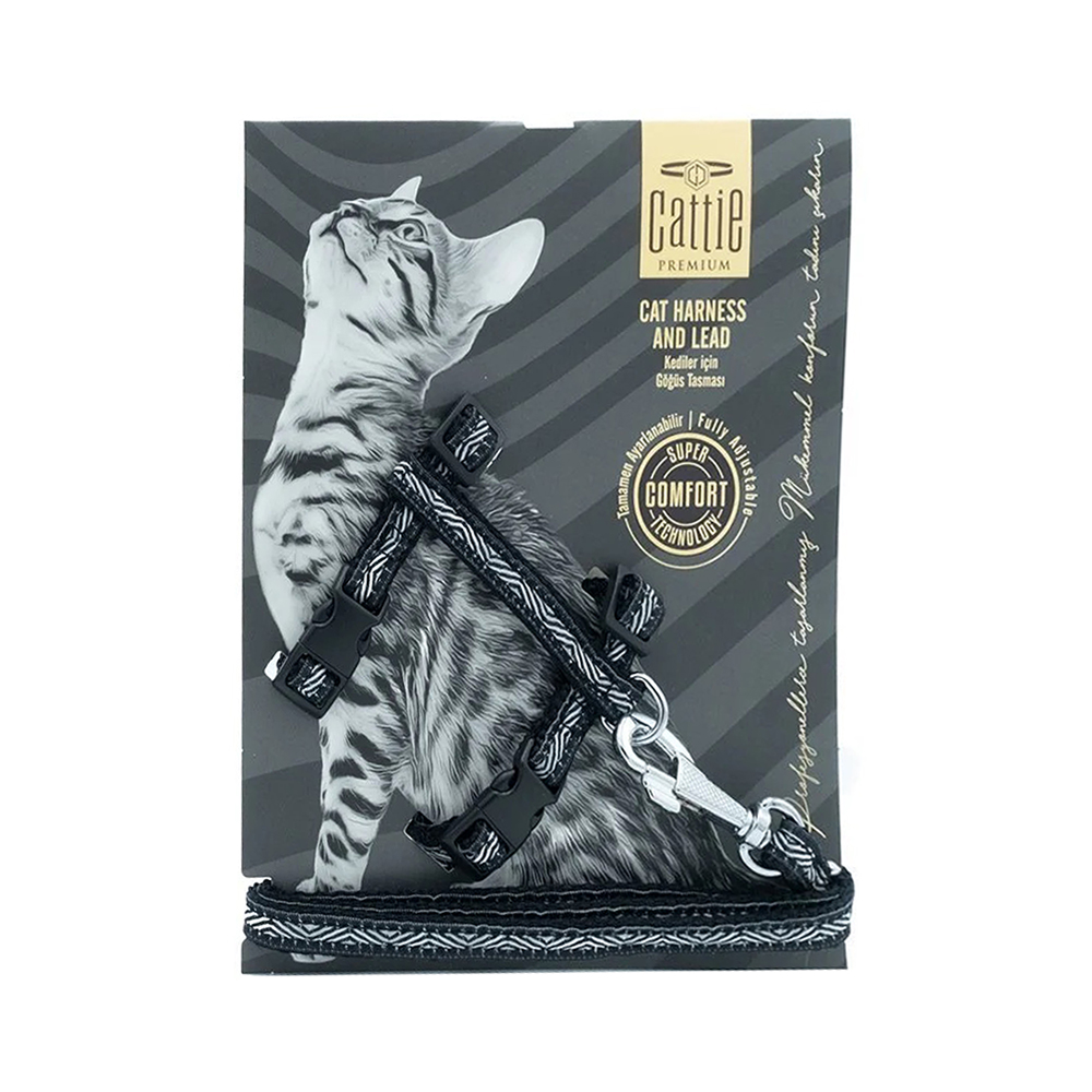 Cattie Özel Desenli Dokuma Kedi Göğüs & Gezdirme Takımı Siyah (1 x 25 - 40 cm)