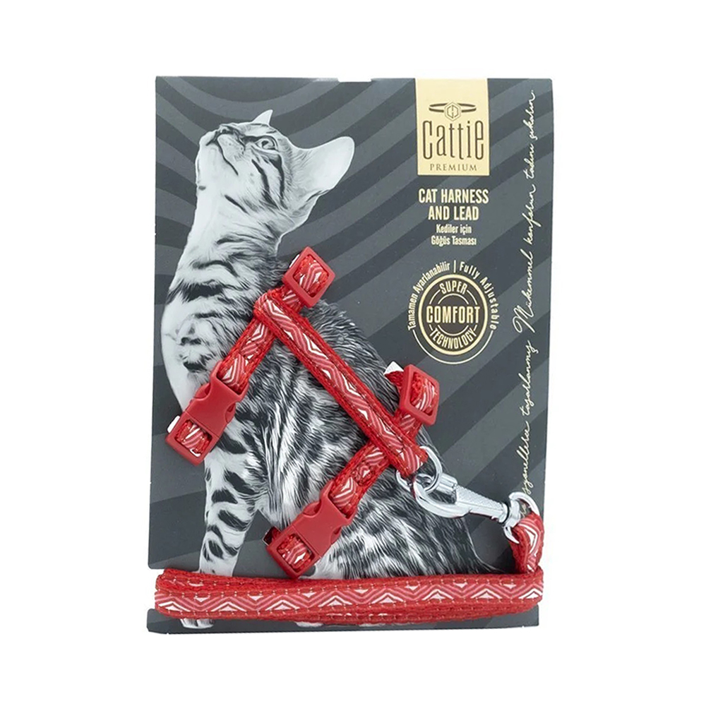 Cattie Özel Desenli Dokumadan El Yapımı Kedi Göğüs & Gezdirme Takımı Kırmızı (1 x 25 - 40 cm)