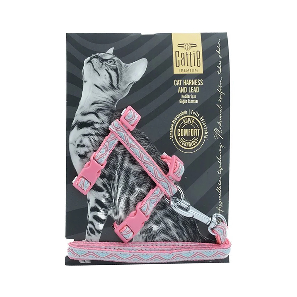 Cattie Özel Desenli Dokumadan El Yapımı Kedi Göğüs & Gezdirme Takımı Pembe (1 x 25 - 40 cm)