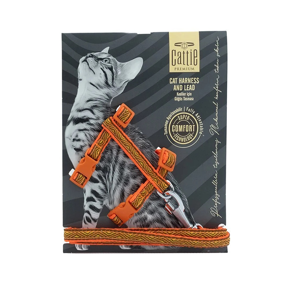 Cattie Özel Desenli Dokumadan El Yapımı Kedi Göğüs & Gezdirme Takımı Turuncu (1 x 25 - 40 cm)