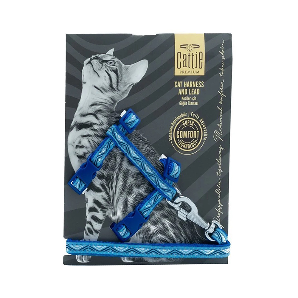 Cattie Özel Desenli Dokumadan El Yapımı Kedi Göğüs ve Gezdirme Takımı Mavi (1 x 25 - 40 cm)