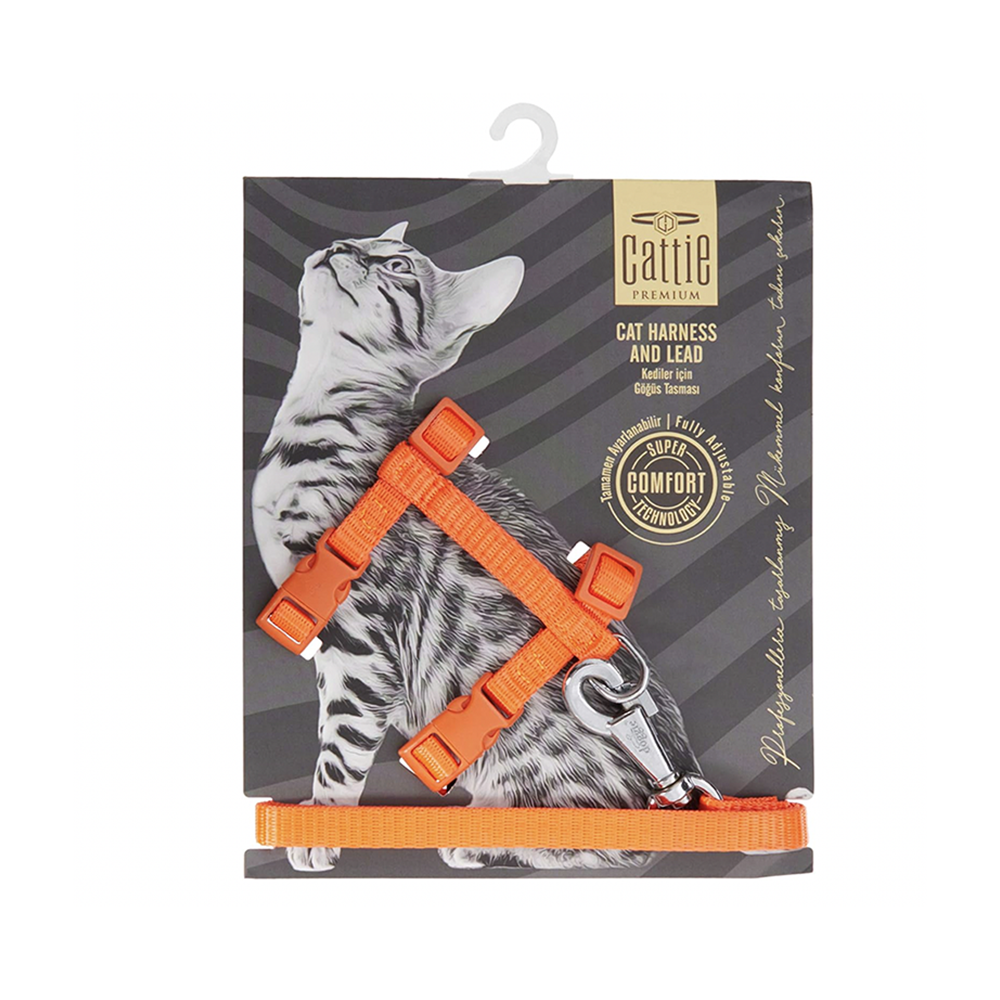 Cattie Dokuma Kedi Gezdirme Göğüs Tasma Takımı Turuncu (1 x 25 - 40 cm)