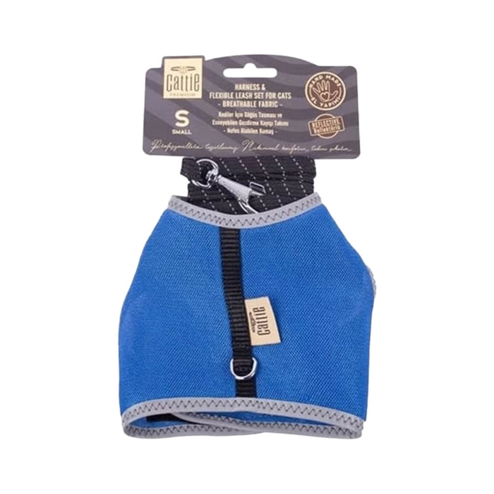 Cattie Mavi Kedi Göğüs ve Gezdirme Tasma Seti S (1 x 20-30 cm)