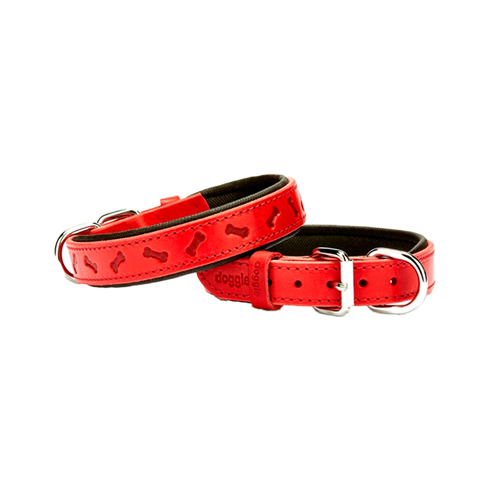 Doggie Comfort Deri Kemik Desenli Köpek Boyun Tasması Kırmızı (2,5 x 37 - 45 cm)