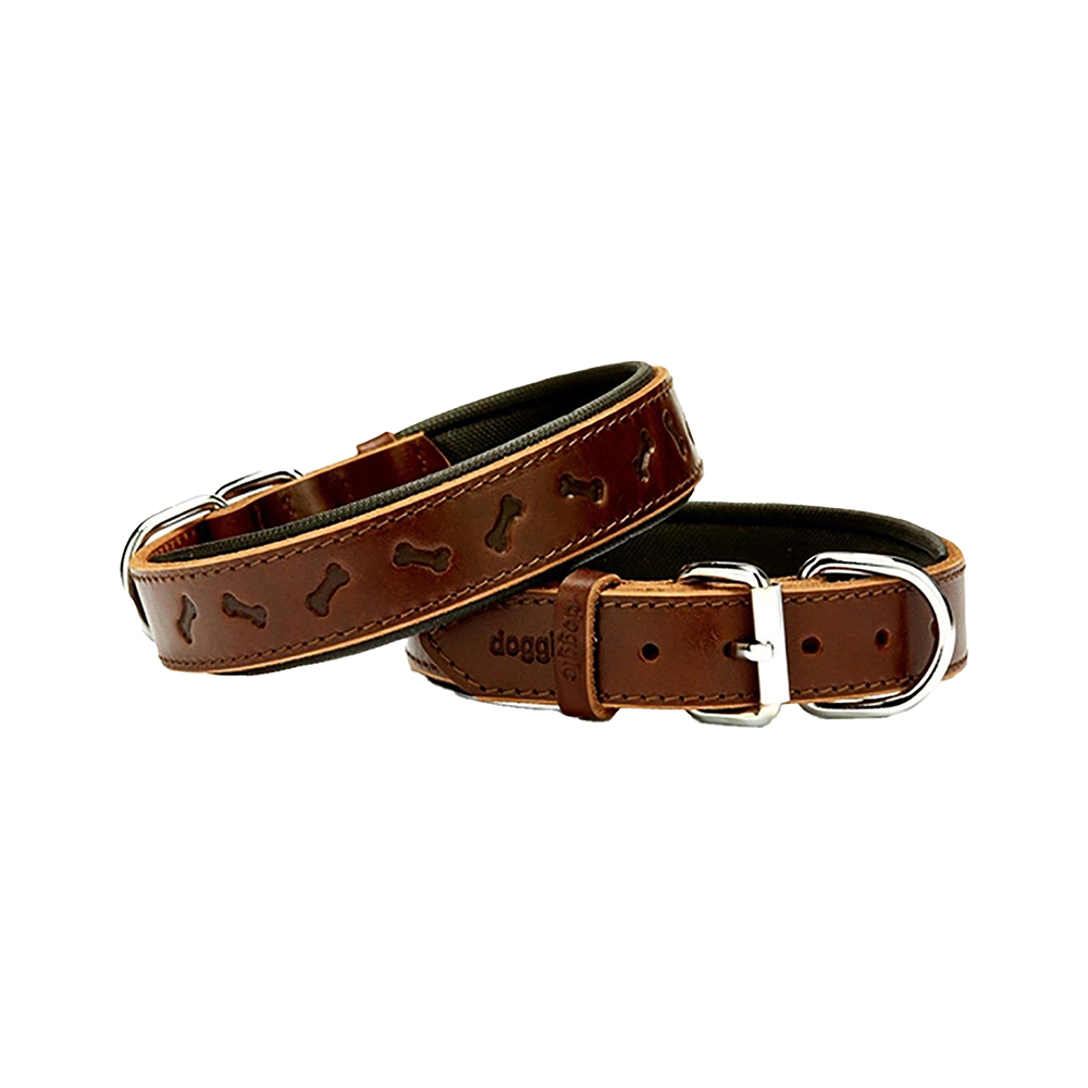 Doggie Comfort Deri Kemik Desenli Köpek Boyun Tasması Kahverengi (2,5 x 37 - 45 cm)