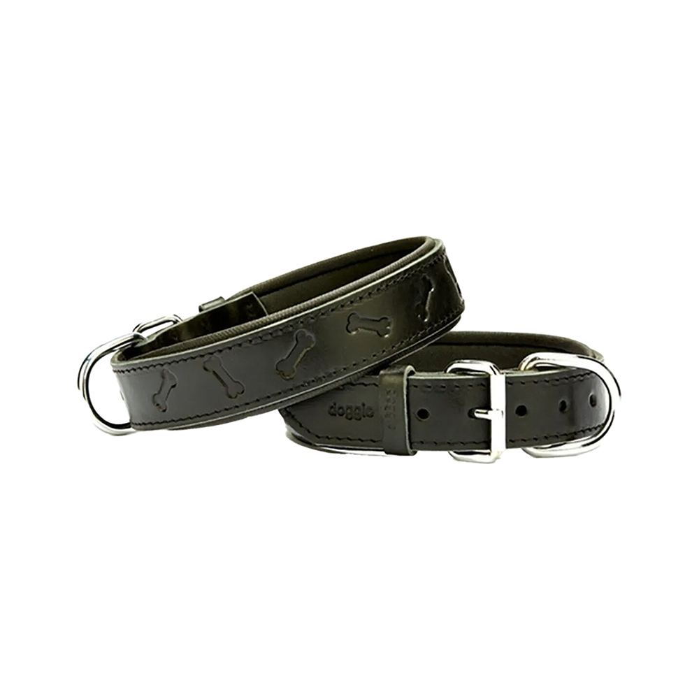 Doggie Comfort Deri Kemik Desenli Köpek Boyun Tasması Medium Siyah (3,5 x 47 - 55 cm)
