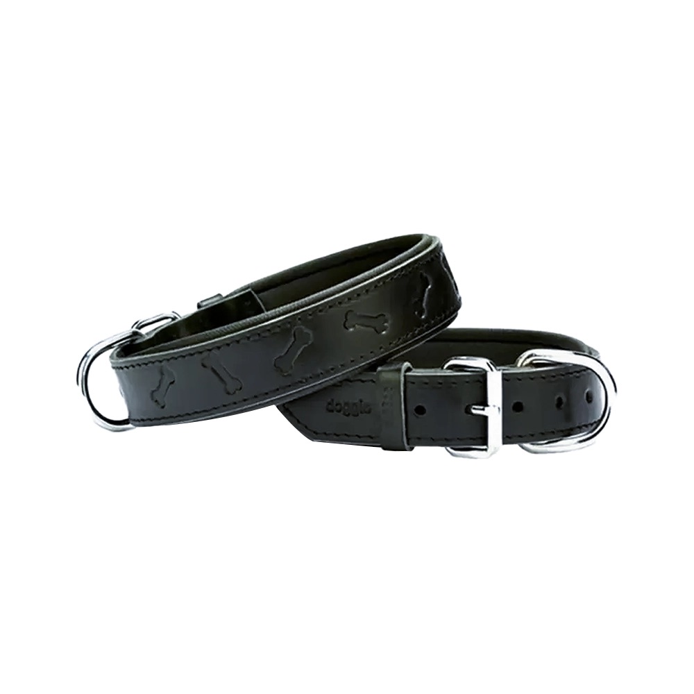Doggie Comfort Deri Kemik Desenli Köpek Boyun Tasması Siyah (3,5 x 52 - 60 cm)