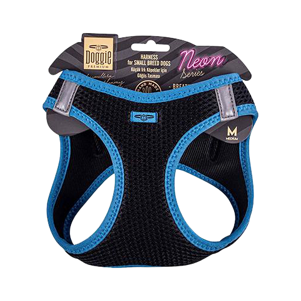 Doggie Havalı Dokuma Neon Serisi Küçük Irk Köpek Göğüs Tasması Mavi M (38 - 44 cm)