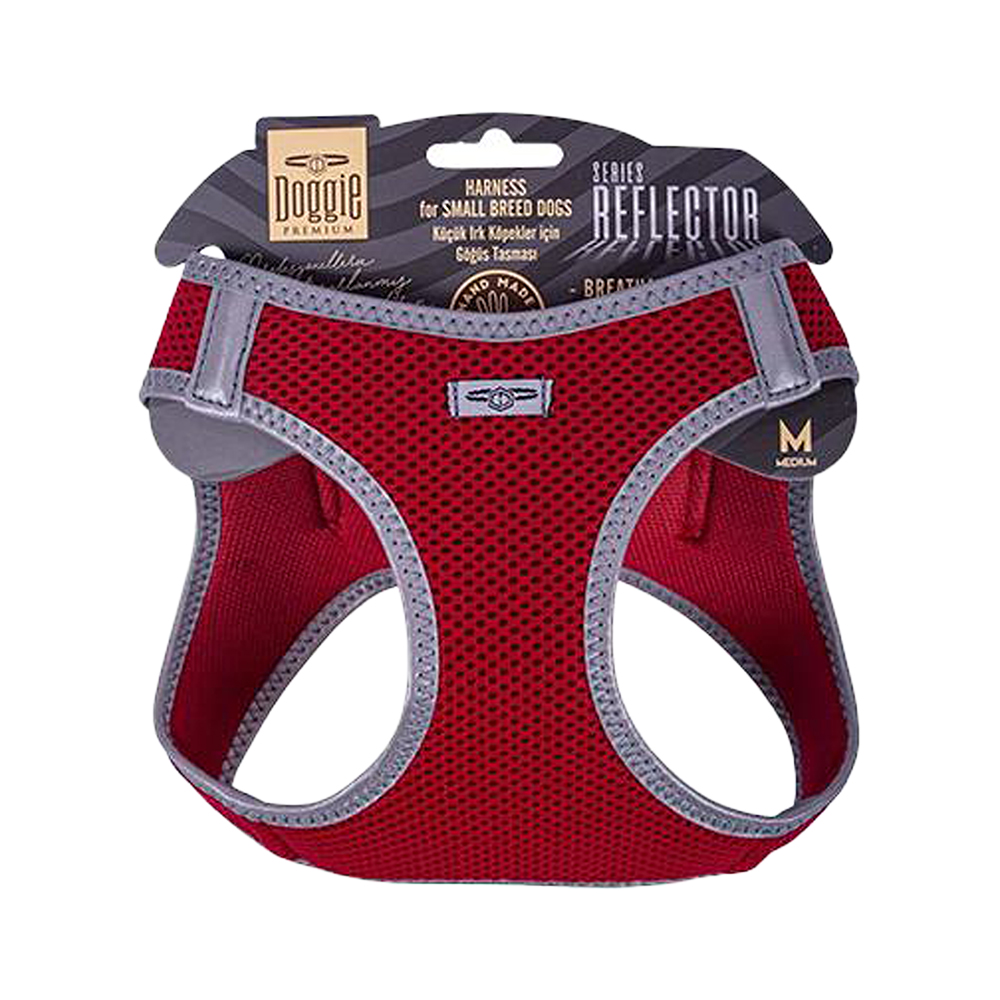Doggie Havalı Dokuma Reflektör Serisi Küçük Irk Köpek Göğüs Tasması Kırmızı M (38- 44 cm)