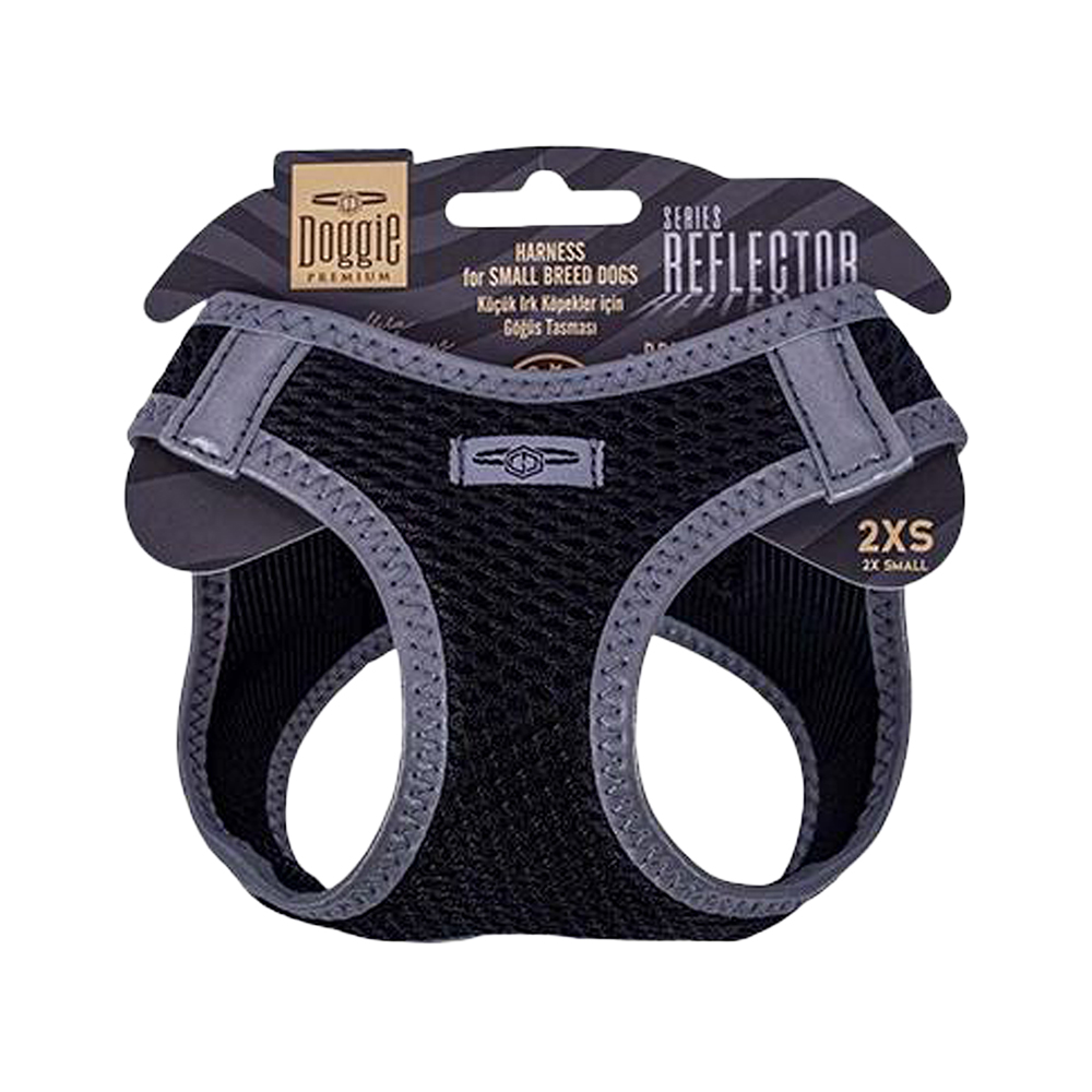 Doggie Havalı Dokuma Reflektör Serisi Küçük Irk Köpek Göğüs Tasması Siyah 2XS (26 - 30 cm)