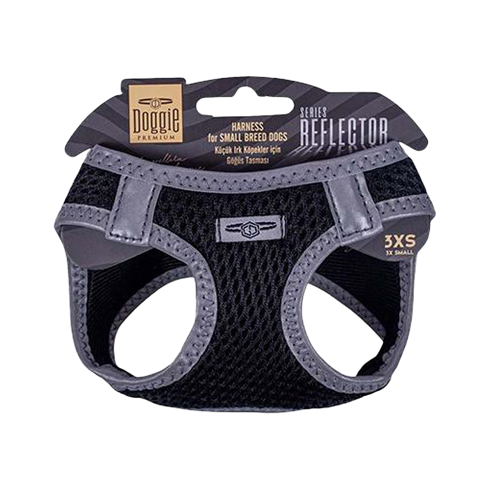 Doggie Havalı Dokuma Reflektör Serisi Küçük Irk Köpek Göğüs Tasması Siyah 3XS (22 - 26 cm)