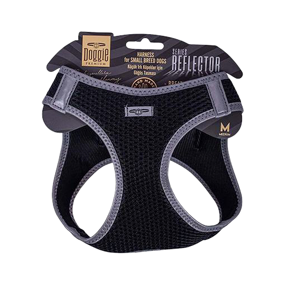 Doggie Havalı Dokuma Reflektör Serisi Küçük Irk Köpek Göğüs Tasması Siyah M (38 - 44 cm)