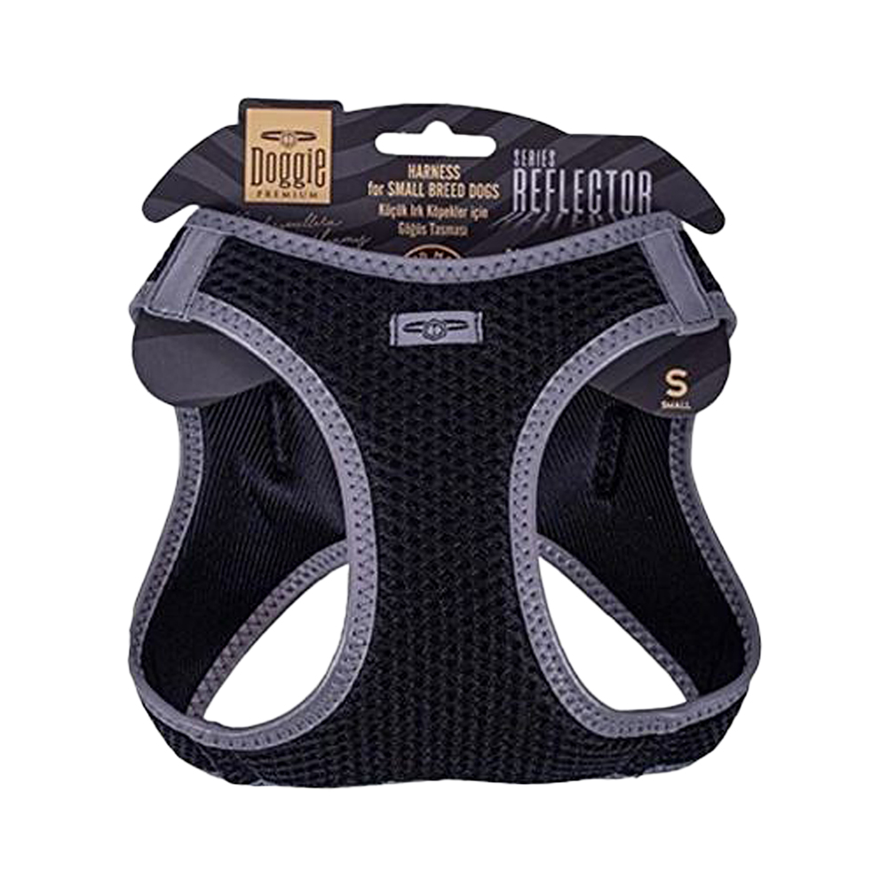Doggie Havalı Dokuma Reflektör Serisi Küçük Irk Köpek Göğüs Tasması Siyah S (32 - 38 cm)
