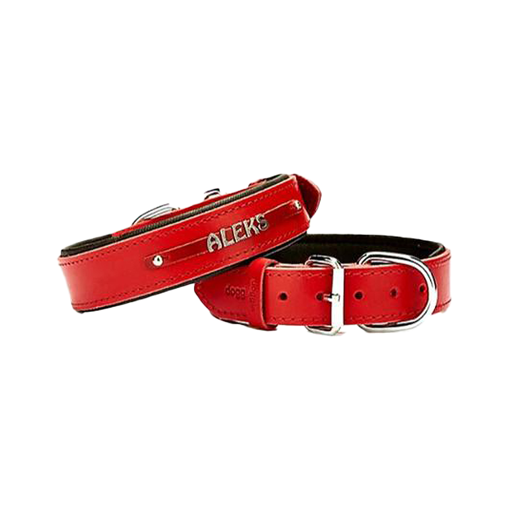 Doggie Konfor Deri Çift İsimlikli Boyun Tasması Kırmızı (3,5 x 47 - 55 cm)