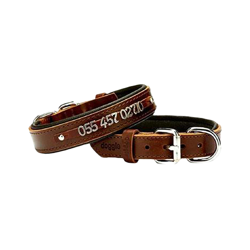 Doggie Konfor Deri İsimlikli Köpek Boyun Tasması Kahve (2 x 37 - 45 cm)