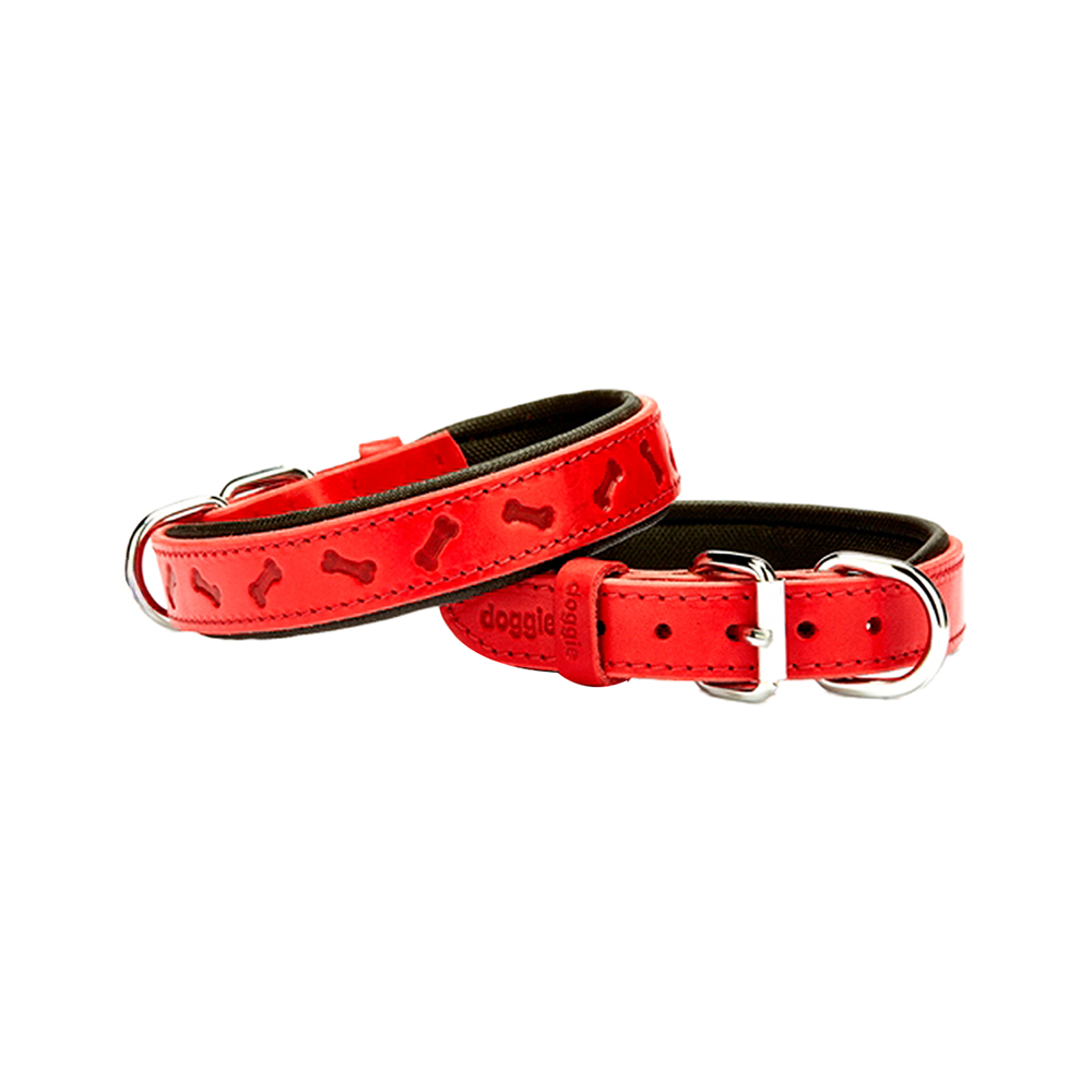 Doggie Konforlu Gerçek Deriden El Yapımı Kemik Desenli Köpek Boyun Tasması Kırmızı (3 x 42 - 50 cm)