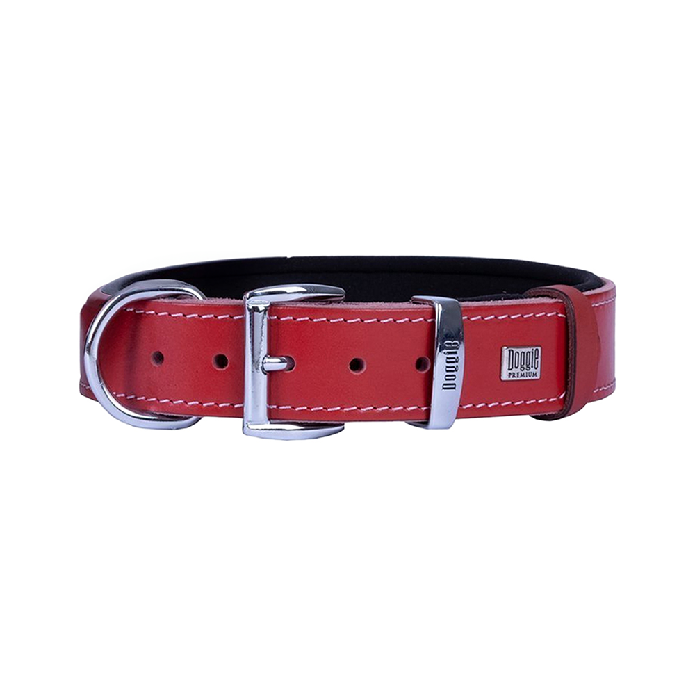 Doggie Konforlu Gerçek Deriden El Yapımı Kemik Desenli Köpek Boyun Tasması Kırmızı (4 x 47 - 55 cm)