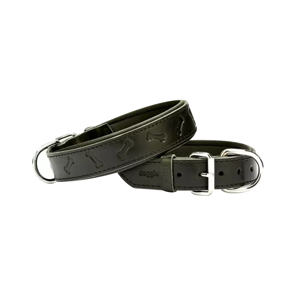 Doggie Konforlu Gerçek Deriden El Yapımı Kemik Desenli Köpek Boyun Tasması Siyah (2 x 35 - 40 cm)