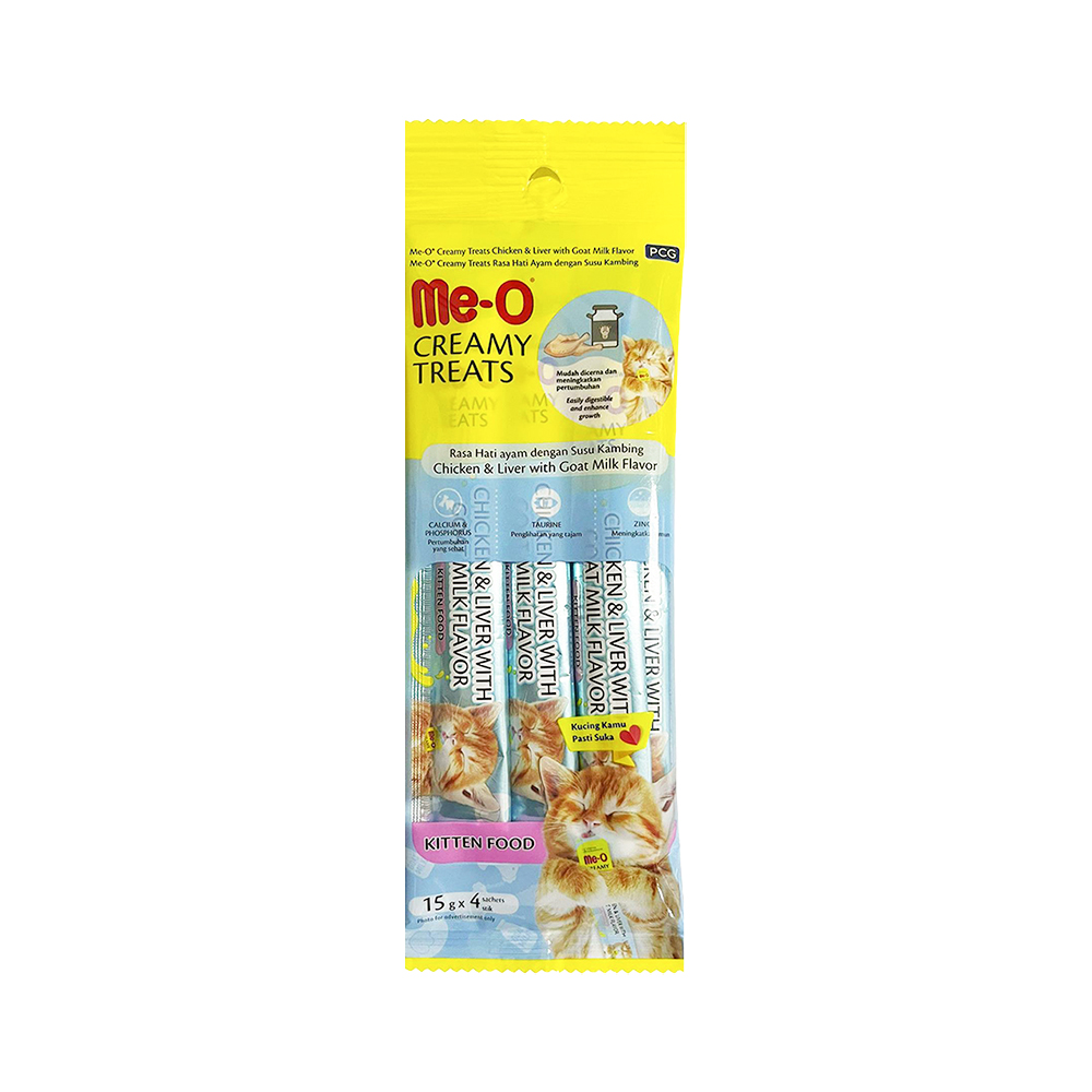Me-O Creamy Treats Tavuk Ciğeri Etli ve Keçi Sütlü Yavru Kedi Ödül Maması (4 x 15 g)