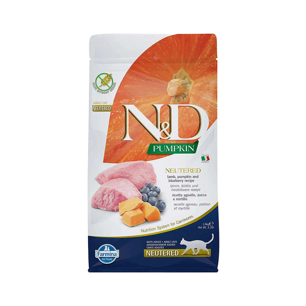 N&D Pumpkin Tahılsız Bal Kabaklı, Kuzu Etli & Yaban Mersinli Kısırlaştırılmış Kedi Maması (1,5 kg)